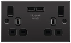 GoodHome Black Nickel Double 13A Switched Socket With USB X2 3.1A & Black Inserts