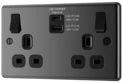 GoodHome Black Nickel Double 13A Switched Socket With USB X2 4.2A & Black Inserts