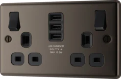 GoodHome Black Nickel Double 13A Switched Socket With USB X3 & Black Inserts