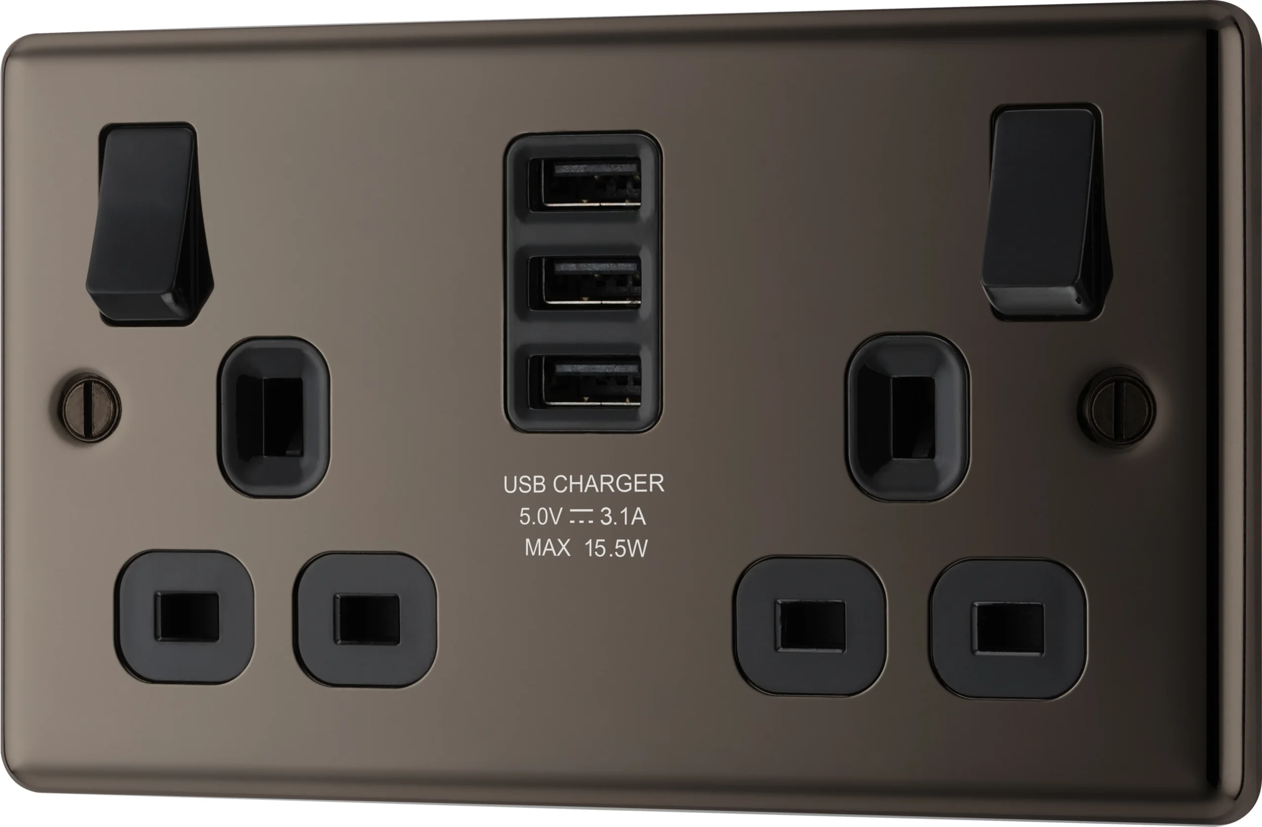 GoodHome Black Nickel Double 13A Switched Socket With USB X3 & Black Inserts 1 GoodHome Black Nickel Double 13A Switched Socket With USB X3 & Black Inserts