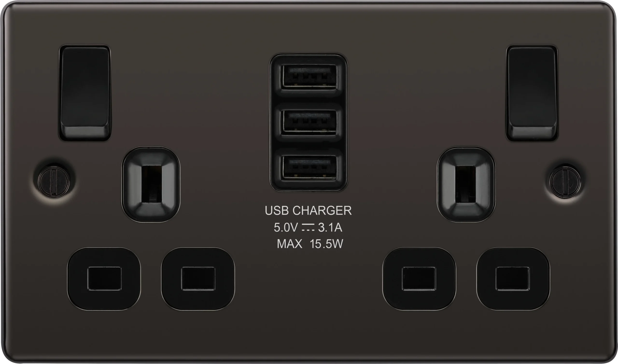 GoodHome Black Nickel Double 13A Switched Socket With USB X3 & Black Inserts 2 GoodHome Black Nickel Double 13A Switched Socket With USB X3 & Black Inserts - Image 2