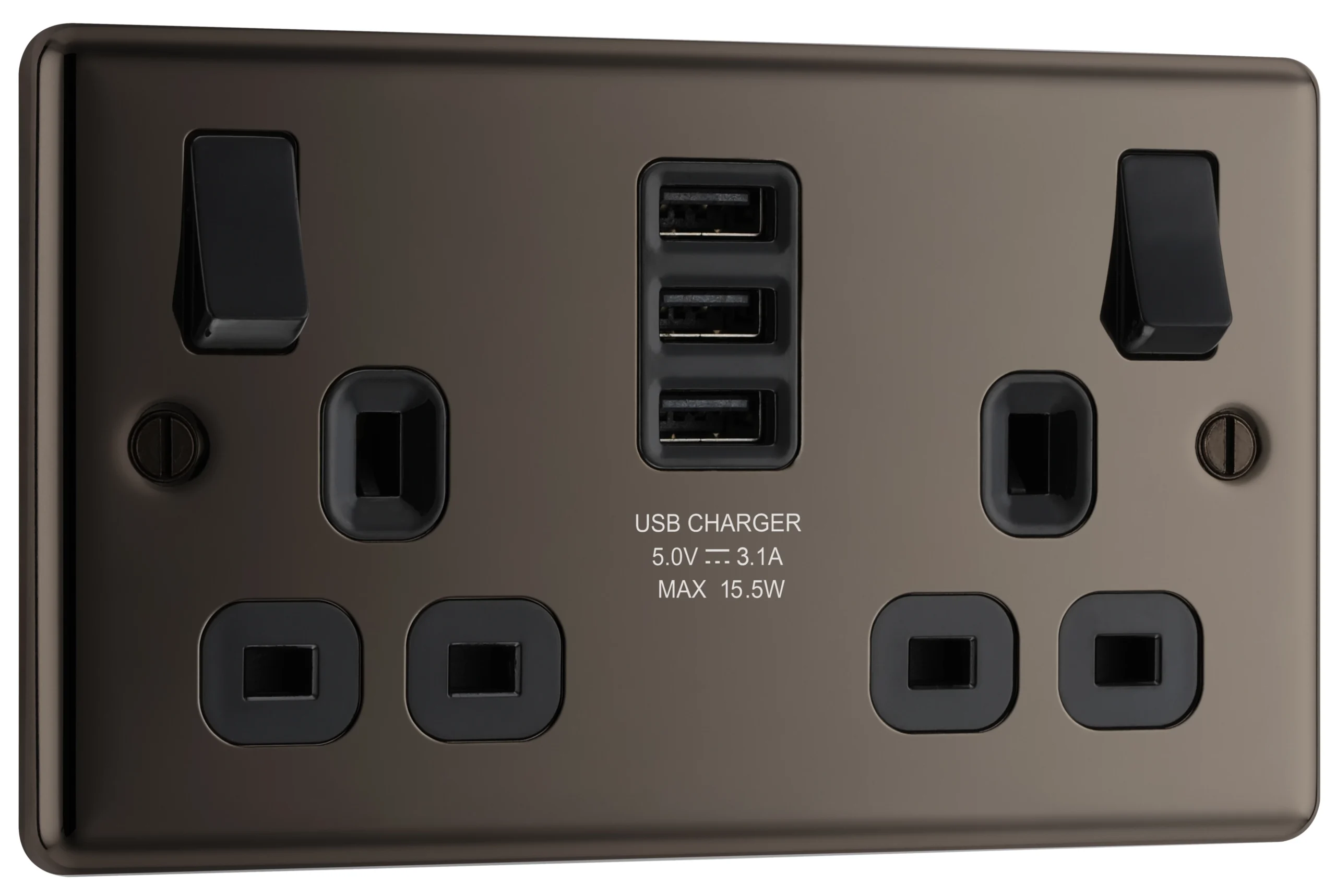 GoodHome Black Nickel Double 13A Switched Socket With USB X3 & Black Inserts 3 GoodHome Black Nickel Double 13A Switched Socket With USB X3 & Black Inserts - Image 3