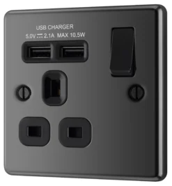 GoodHome Black Nickel Single 13A Switched Socket With USB X2 & Black Inserts