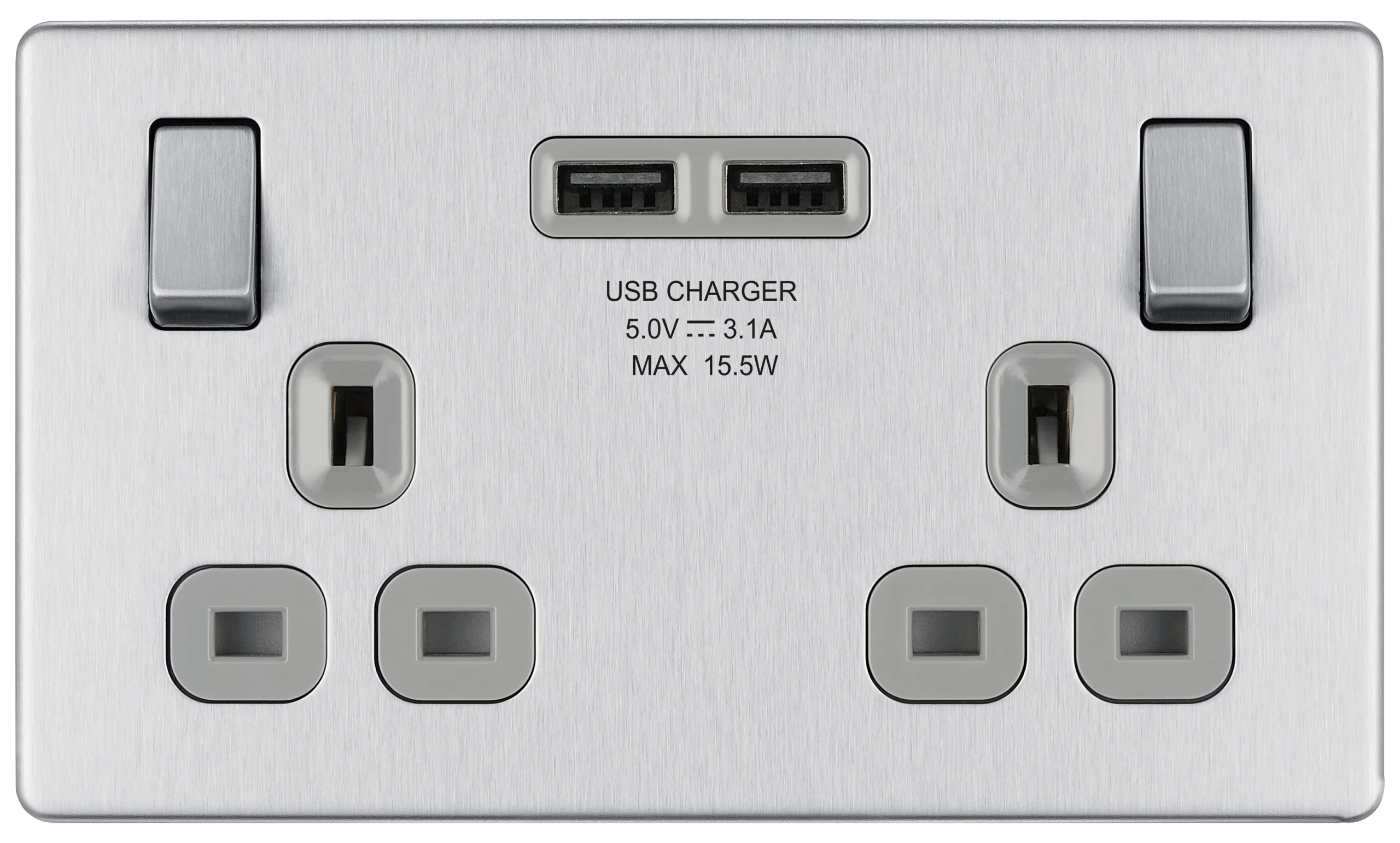 GoodHome Brushed Steel Double 13A Screwless Switched Socket With USB X2 3.1A & Grey Inserts 2 GoodHome Brushed Steel Double 13A Screwless Switched Socket With USB X2 3.1A & Grey Inserts - Image 2