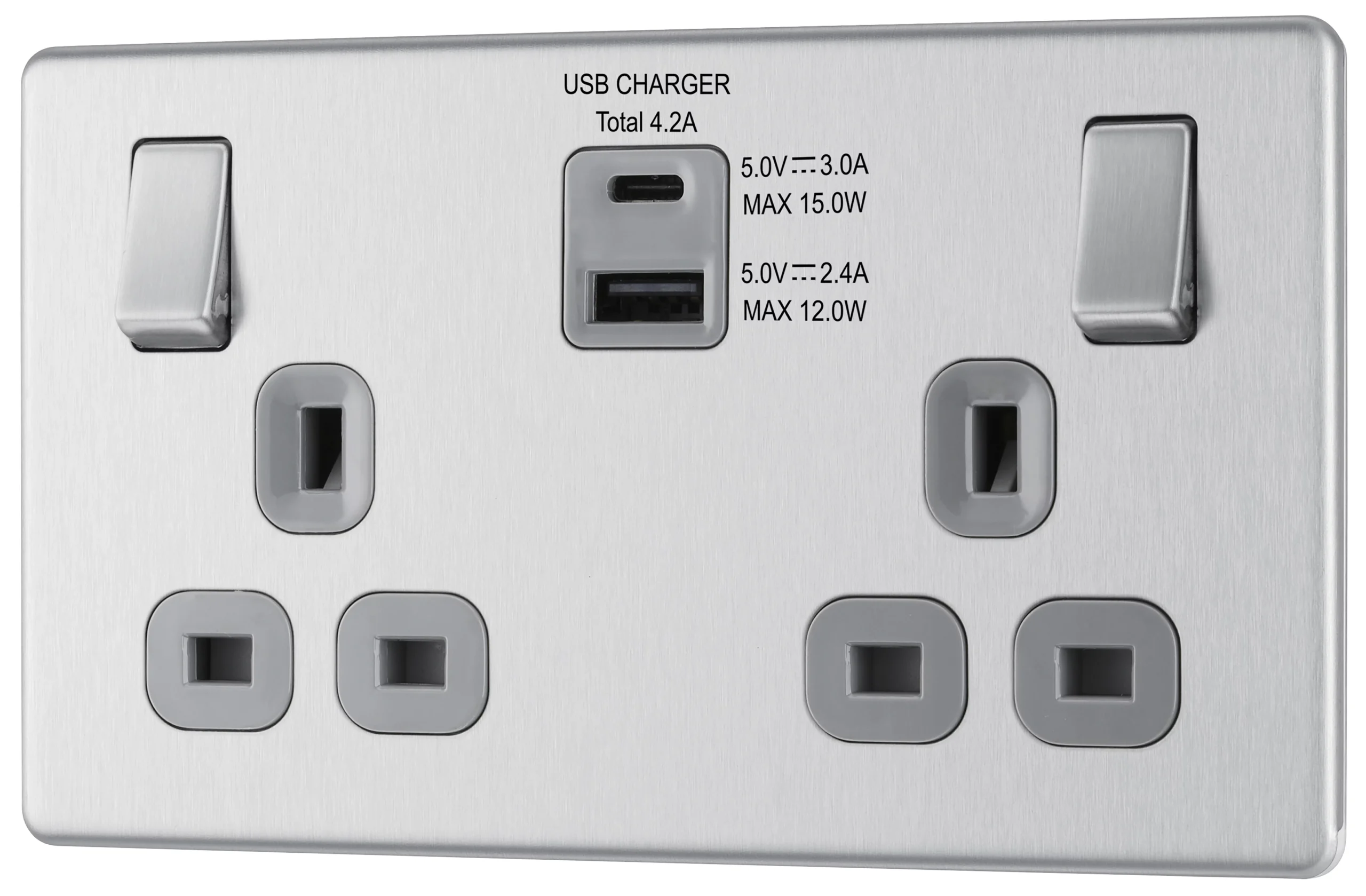 GoodHome Brushed Steel Double 13A Screwless Switched Socket With USB X2 4.2A & Grey Inserts 1 GoodHome Brushed Steel Double 13A Screwless Switched Socket With USB X2 4.2A & Grey Inserts