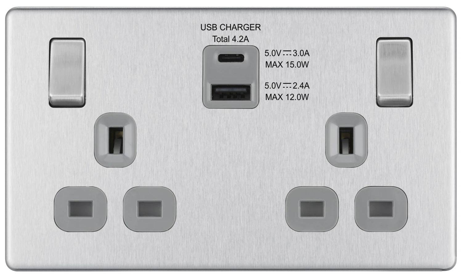 GoodHome Brushed Steel Double 13A Screwless Switched Socket With USB X2 4.2A & Grey Inserts 2 GoodHome Brushed Steel Double 13A Screwless Switched Socket With USB X2 4.2A & Grey Inserts - Image 2