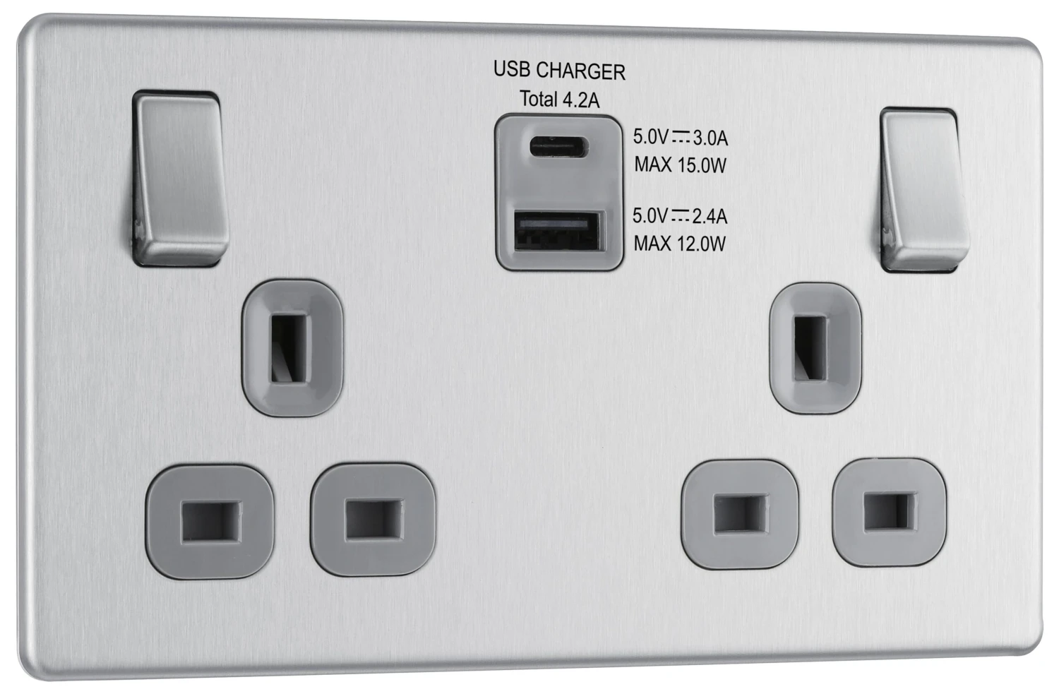 GoodHome Brushed Steel Double 13A Screwless Switched Socket With USB X2 4.2A & Grey Inserts 3 GoodHome Brushed Steel Double 13A Screwless Switched Socket With USB X2 4.2A & Grey Inserts - Image 3