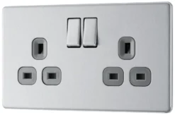 GoodHome Brushed Steel Double 13A Socket & Grey Inserts, Pack Of 5