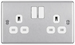 GoodHome Brushed Steel Double 13A Switched Socket & White Inserts, Pack Of 5