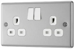 GoodHome Brushed Steel Double 13A Switched Socket & White Inserts, Pack Of 5 -Master Yale Shop goodhome brushed steel double 13a switched socket white inserts pack of 55059340132921 03c bq scaled