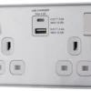 GoodHome Brushed Steel Double 13A Switched Socket With USB X2 4.2A & White Inserts
