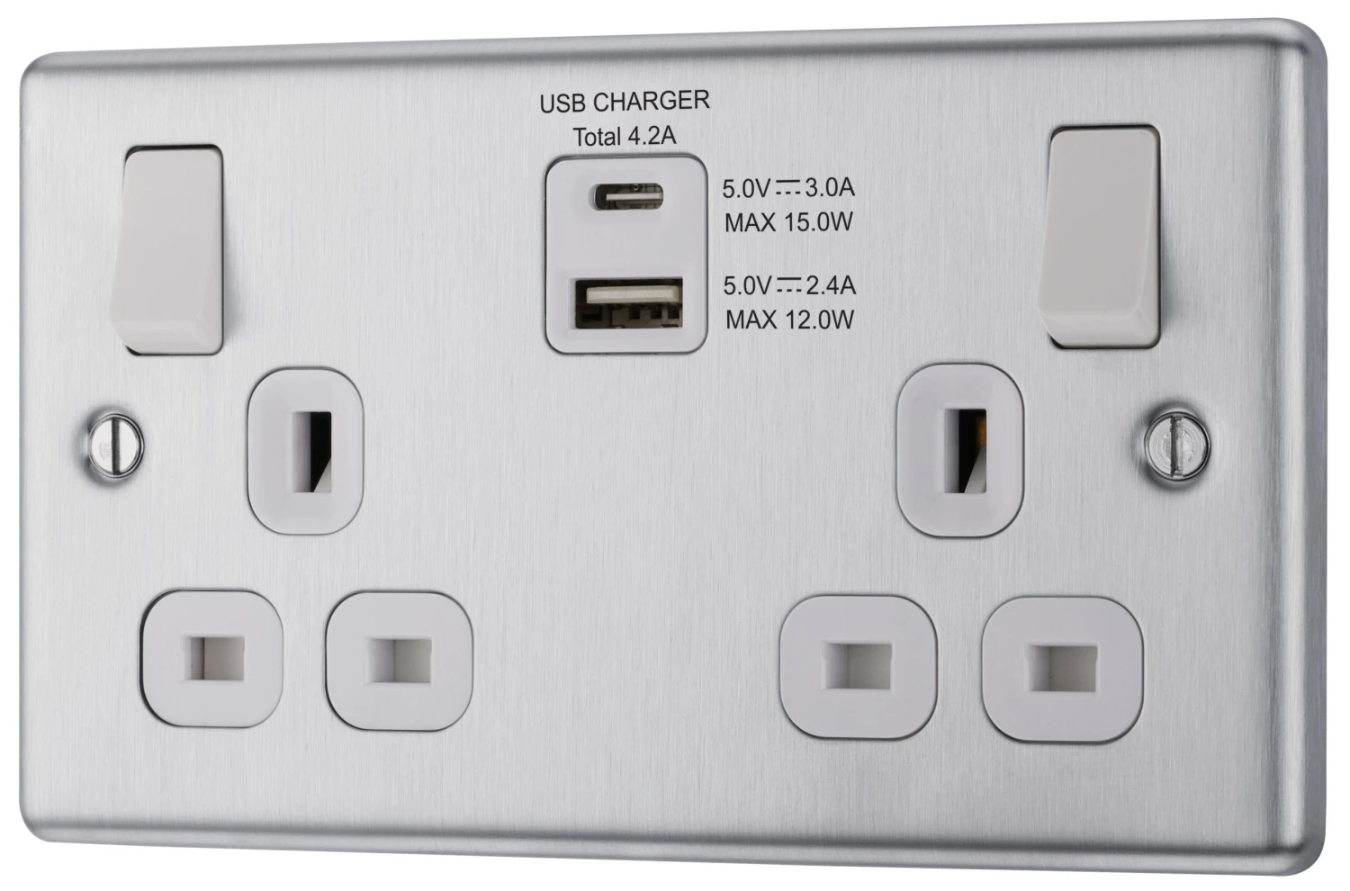 GoodHome Brushed Steel Double 13A Switched Socket With USB X2 4.2A & White Inserts 1 GoodHome Brushed Steel Double 13A Switched Socket With USB X2 4.2A & White Inserts