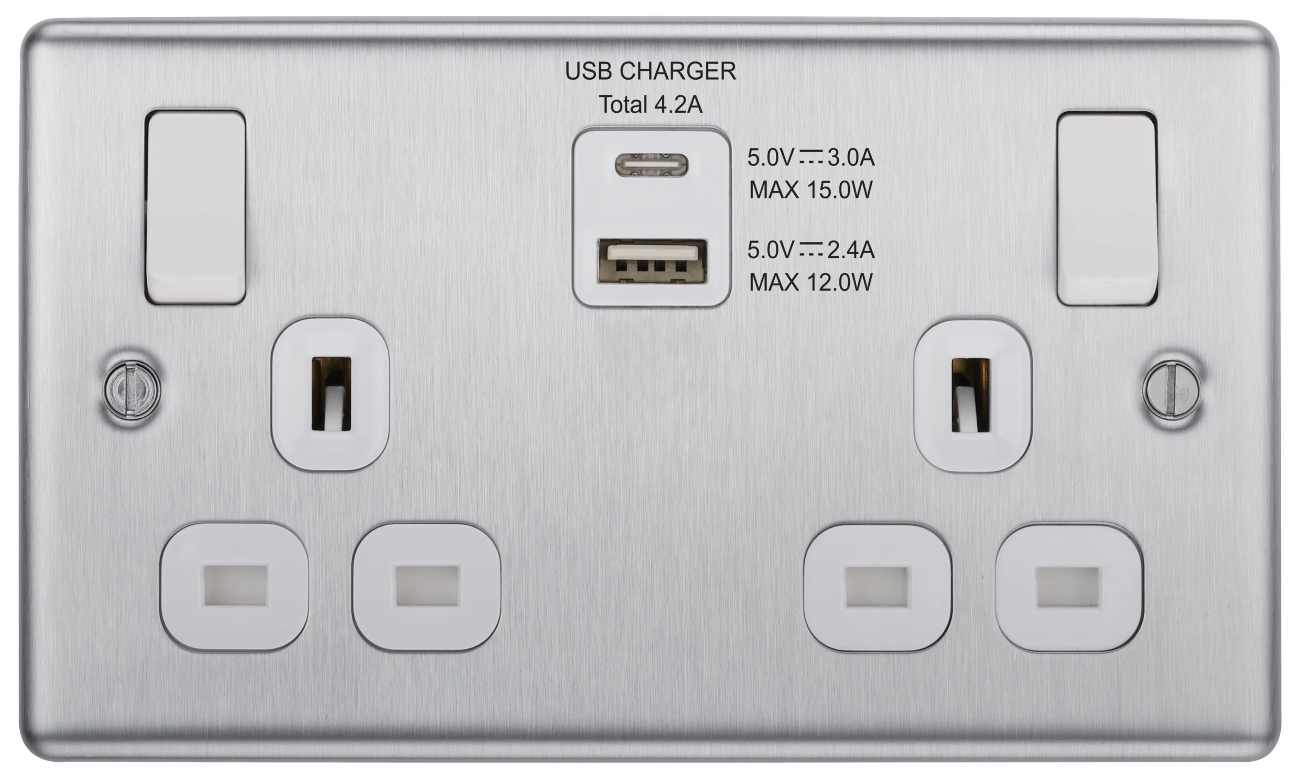 GoodHome Brushed Steel Double 13A Switched Socket With USB X2 4.2A & White Inserts 2 GoodHome Brushed Steel Double 13A Switched Socket With USB X2 4.2A & White Inserts - Image 2