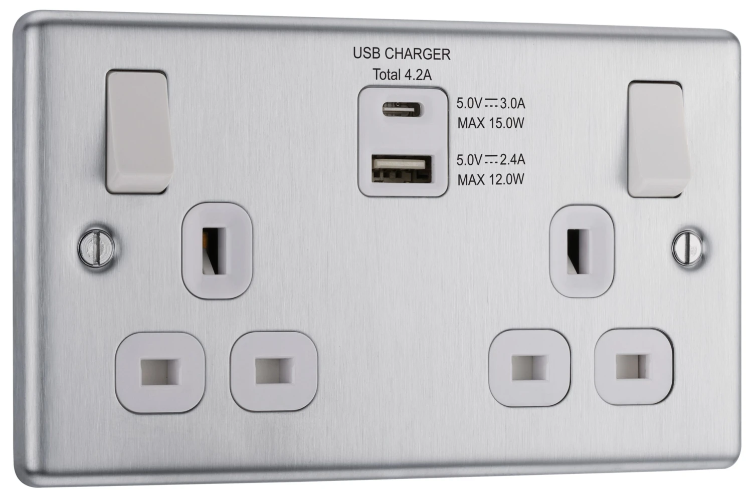 GoodHome Brushed Steel Double 13A Switched Socket With USB X2 4.2A & White Inserts 3 GoodHome Brushed Steel Double 13A Switched Socket With USB X2 4.2A & White Inserts - Image 3