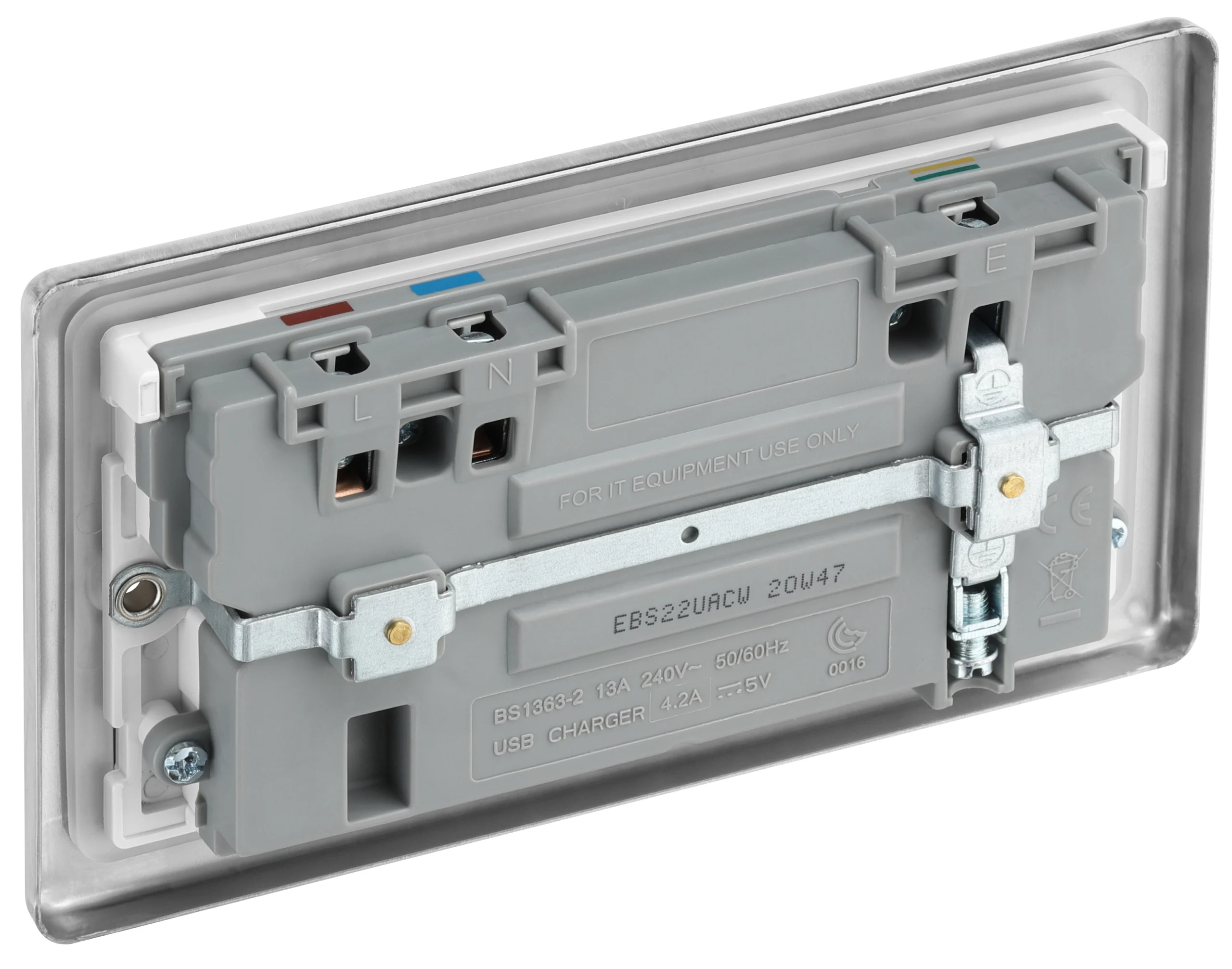 GoodHome Brushed Steel Double 13A Switched Socket With USB X2 4.2A & White Inserts 6 GoodHome Brushed Steel Double 13A Switched Socket With USB X2 4.2A & White Inserts - Image 6