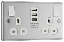 GoodHome Brushed Steel Double 13A Switched Socket With USB X3 & White Inserts -Master Yale Shop goodhome brushed steel double 13a switched socket with usb x3 white inserts5059340132686 03c scaled