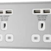GoodHome Brushed Steel Double 13A Unswitched Socket With USB X4 & White Inserts