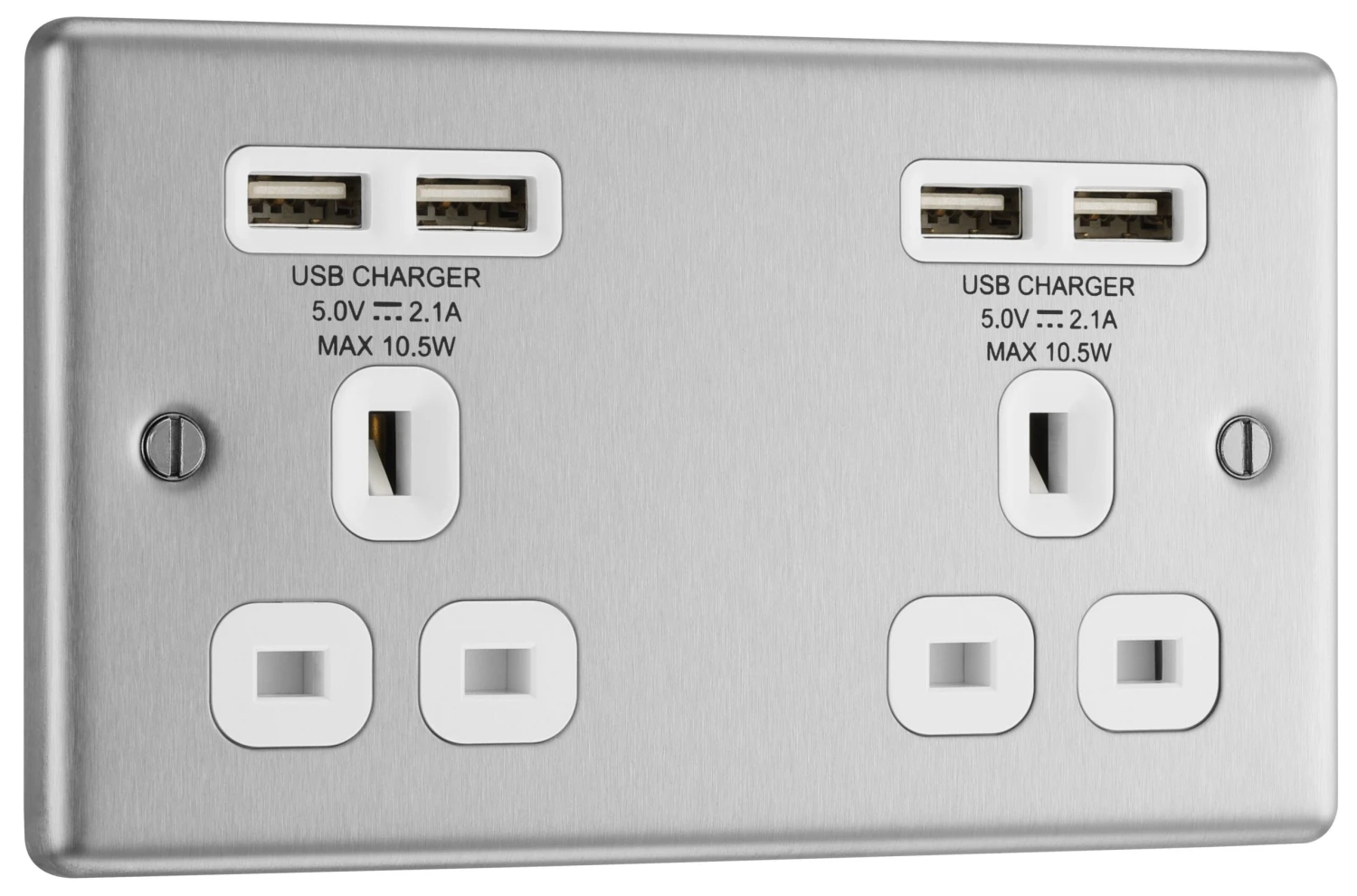 GoodHome Brushed Steel Double 13A Unswitched Socket With USB X4 & White Inserts 3 GoodHome Brushed Steel Double 13A Unswitched Socket With USB X4 & White Inserts - Image 3