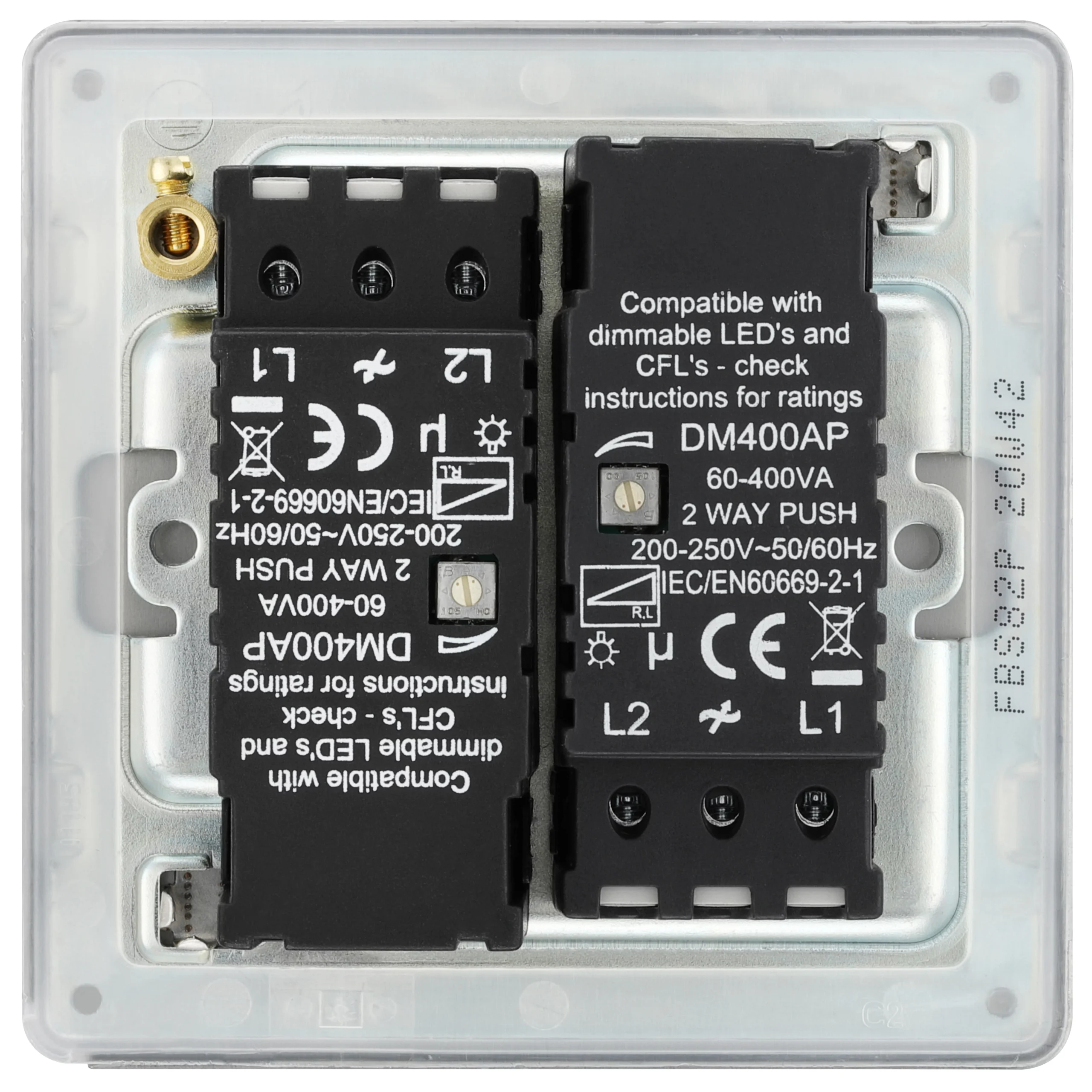 GoodHome Brushed Steel Flat Profile Double 2 Way 400W Screwless Dimmer Switch 4 GoodHome Brushed Steel Flat Profile Double 2 Way 400W Screwless Dimmer Switch - Image 4