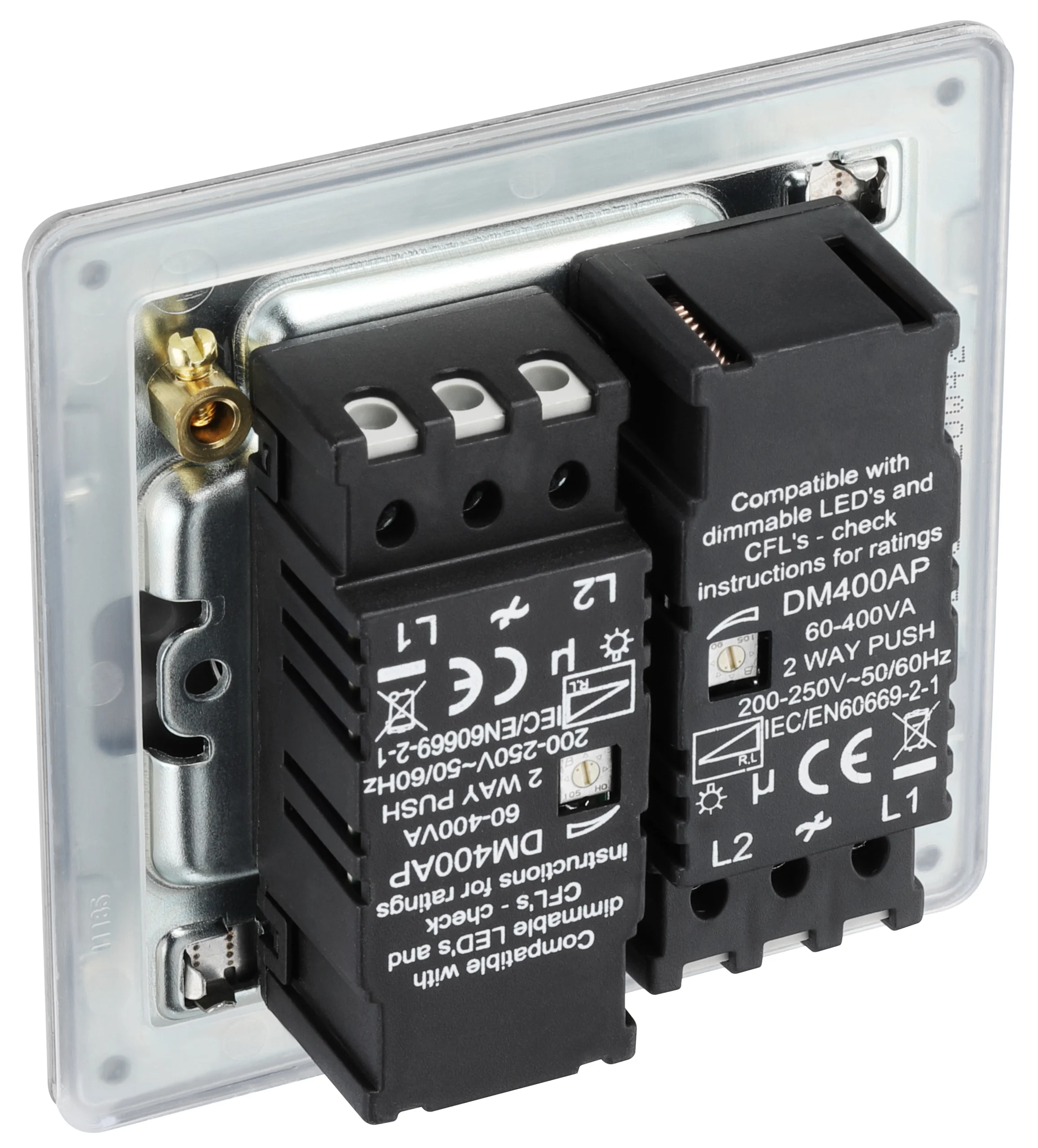 GoodHome Brushed Steel Flat Profile Double 2 Way 400W Screwless Dimmer Switch 6 GoodHome Brushed Steel Flat Profile Double 2 Way 400W Screwless Dimmer Switch - Image 6