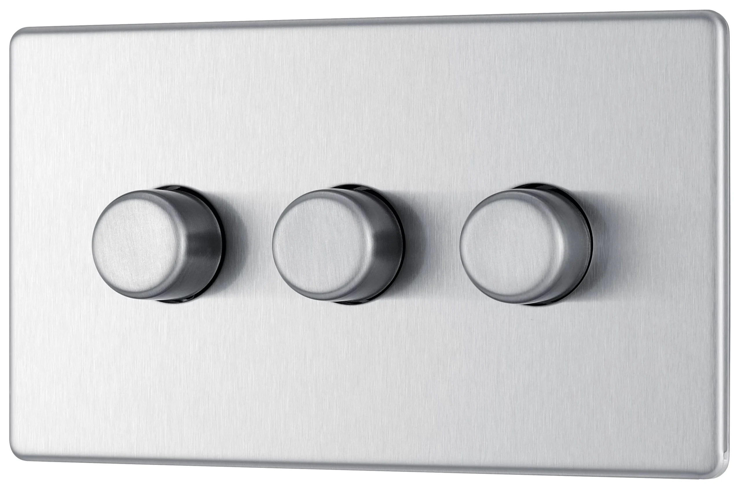 GoodHome Brushed Steel Flat Profile Triple 2 Way 400W Screwless Dimmer Switch 1 GoodHome Brushed Steel Flat Profile Triple 2 Way 400W Screwless Dimmer Switch