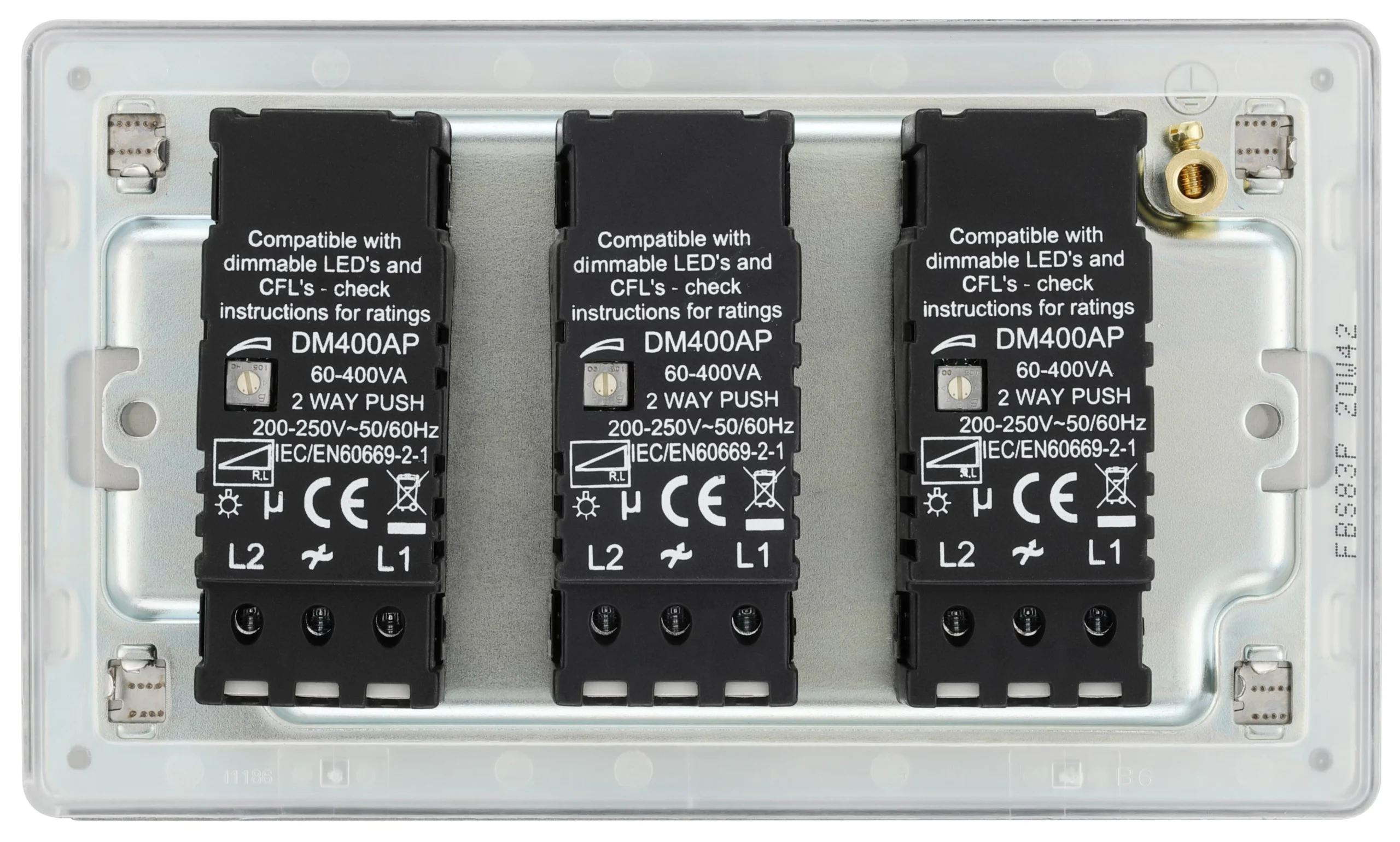 GoodHome Brushed Steel Flat Profile Triple 2 Way 400W Screwless Dimmer Switch 4 GoodHome Brushed Steel Flat Profile Triple 2 Way 400W Screwless Dimmer Switch - Image 4