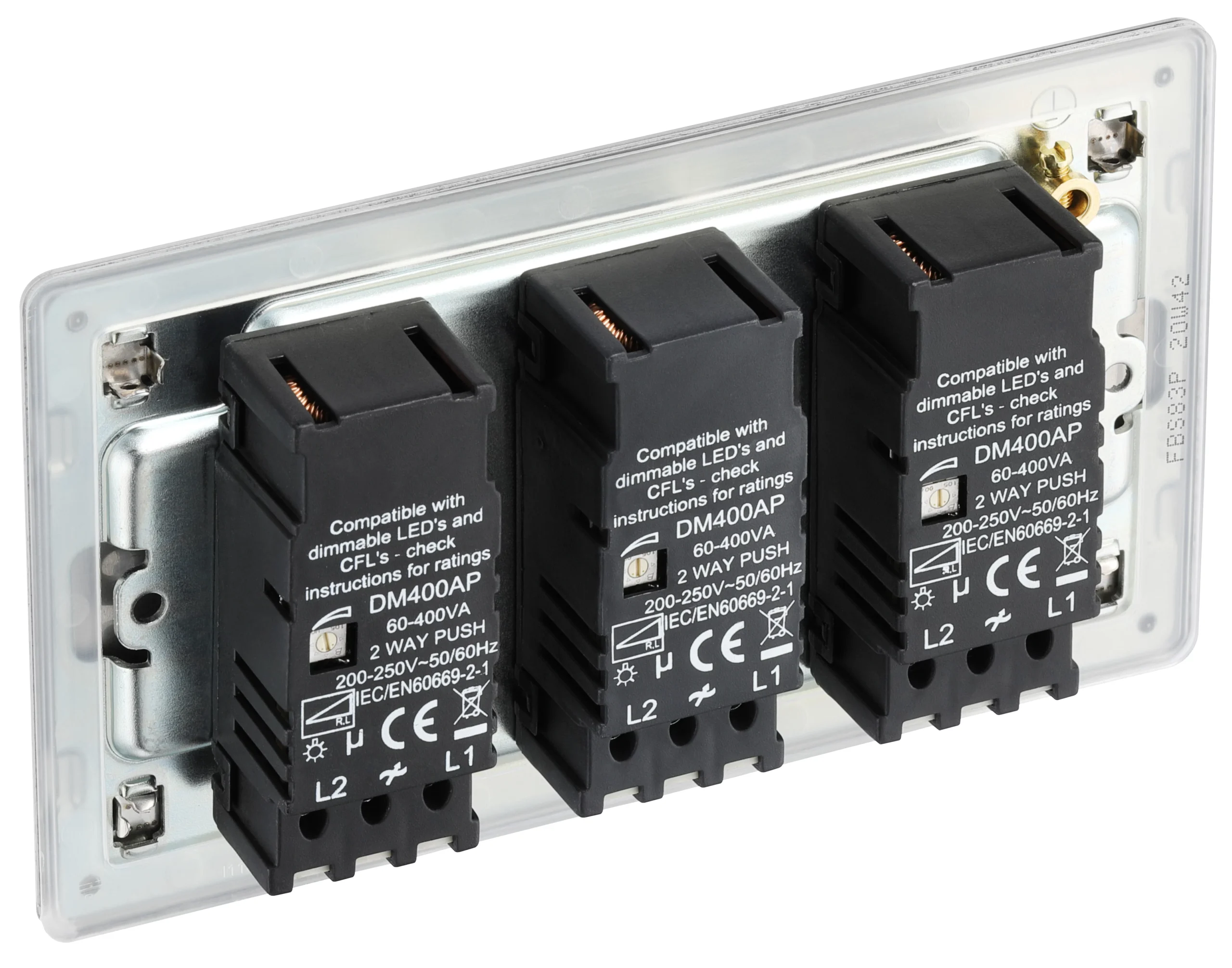 GoodHome Brushed Steel Flat Profile Triple 2 Way 400W Screwless Dimmer Switch 6 GoodHome Brushed Steel Flat Profile Triple 2 Way 400W Screwless Dimmer Switch - Image 6