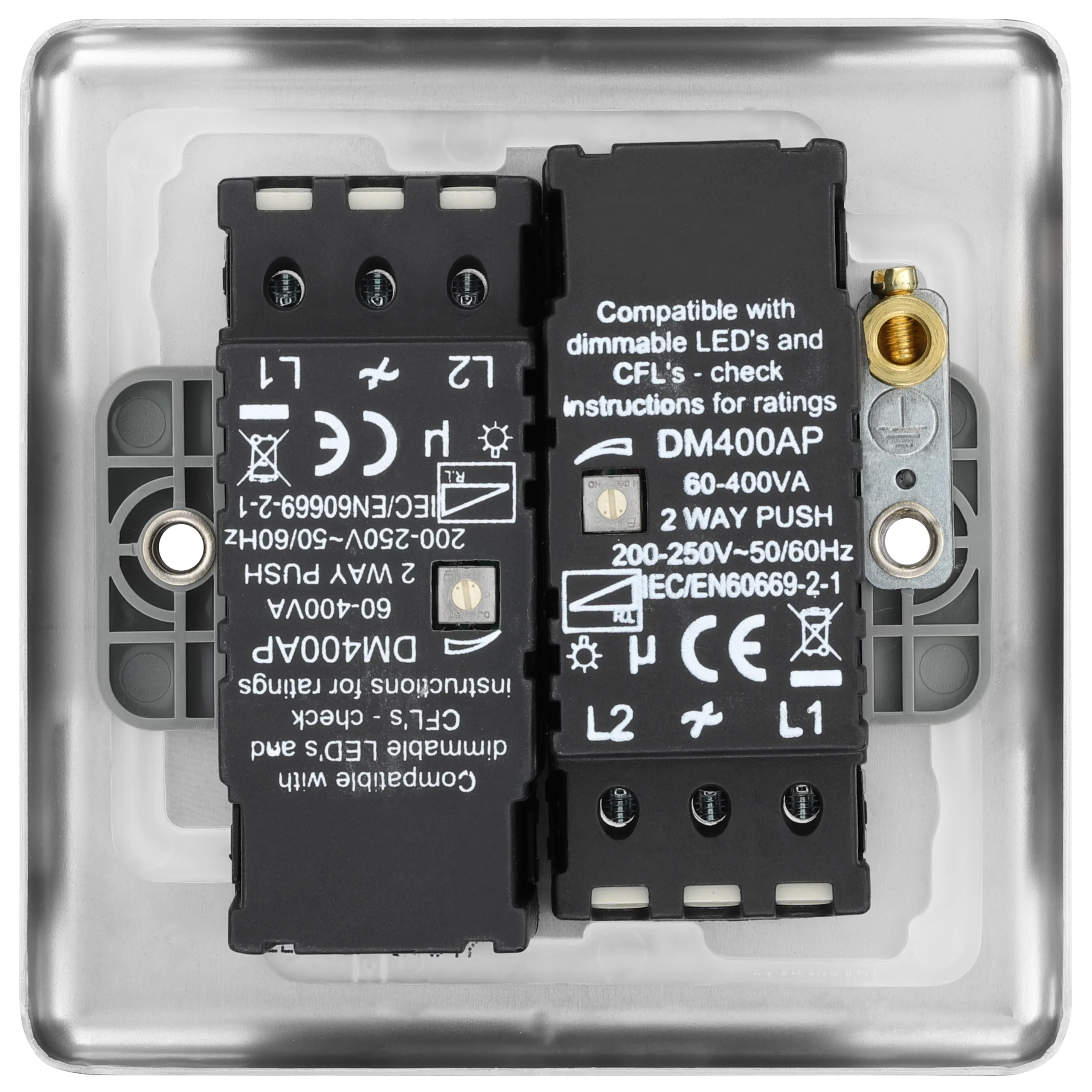 GoodHome Brushed Steel Raised Rounded Profile Double 2 Way 400W Dimmer Switch 4 GoodHome Brushed Steel Raised Rounded Profile Double 2 Way 400W Dimmer Switch - Image 4