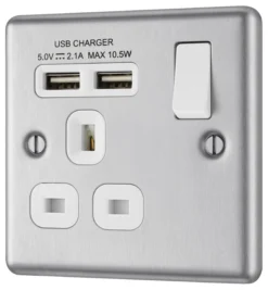 GoodHome Brushed Steel Single 13A Switched Socket With USB X2 & White Inserts