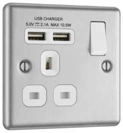 GoodHome Brushed Steel Single 13A Switched Socket With USB X2 & White Inserts -Master Yale Shop goodhome brushed steel single 13a switched socket with usb x2 white inserts5059340132341 03c scaled