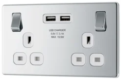 GoodHome Chrome Double 13A Screwless Switched Socket With USB X2 3.1A & White Inserts