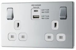 GoodHome Chrome Double 13A Screwless Switched Socket With USB X2 4.2A & White Inserts