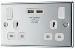 GoodHome Chrome Double 13A Switched Socket With USB X2 3.1A & White Inserts