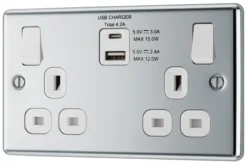 GoodHome Chrome Double 13A Switched Socket With USB X2 4.2A & White Inserts