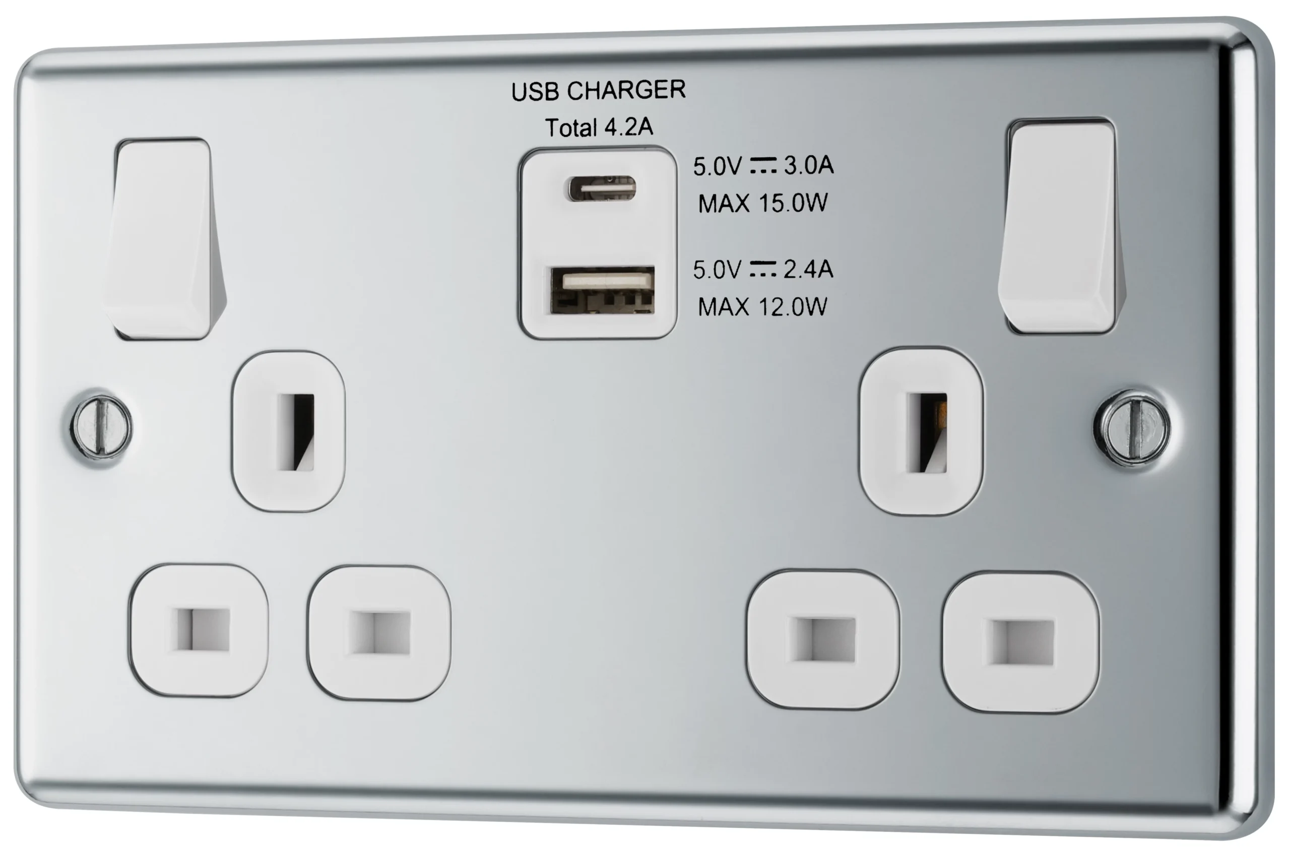 GoodHome Chrome Double 13A Switched Socket With USB X2 4.2A & White Inserts 1 GoodHome Chrome Double 13A Switched Socket With USB X2 4.2A & White Inserts