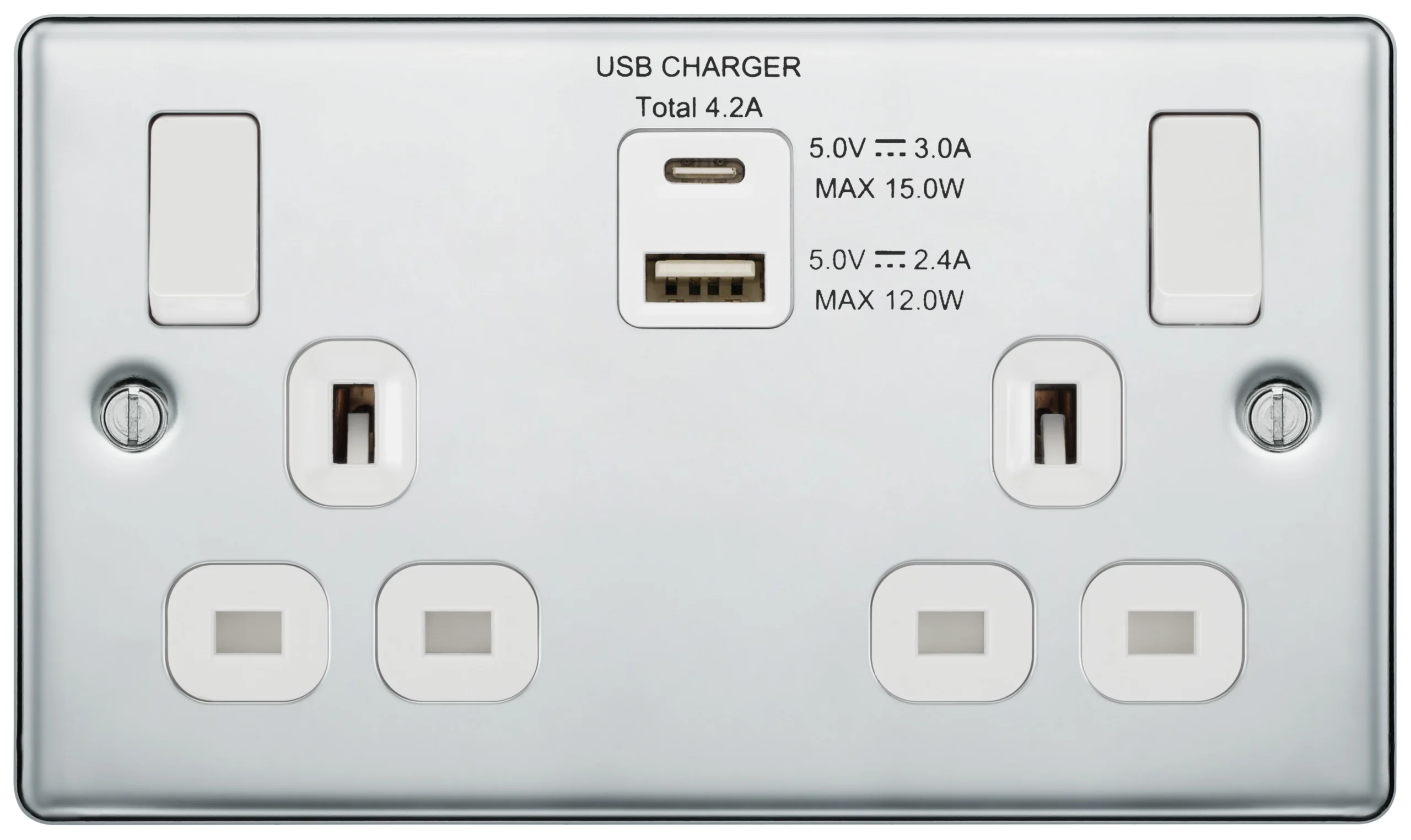 GoodHome Chrome Double 13A Switched Socket With USB X2 4.2A & White Inserts 2 GoodHome Chrome Double 13A Switched Socket With USB X2 4.2A & White Inserts - Image 2