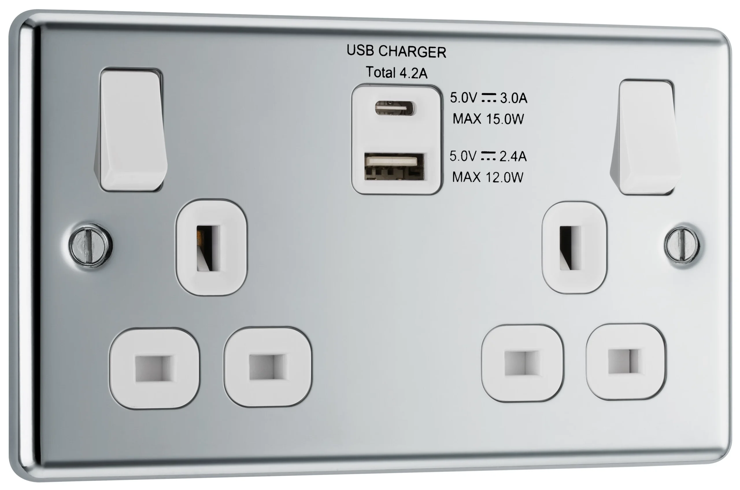 GoodHome Chrome Double 13A Switched Socket With USB X2 4.2A & White Inserts 3 GoodHome Chrome Double 13A Switched Socket With USB X2 4.2A & White Inserts - Image 3