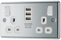 GoodHome Chrome Double 13A Switched Socket With USB X3 & White Inserts