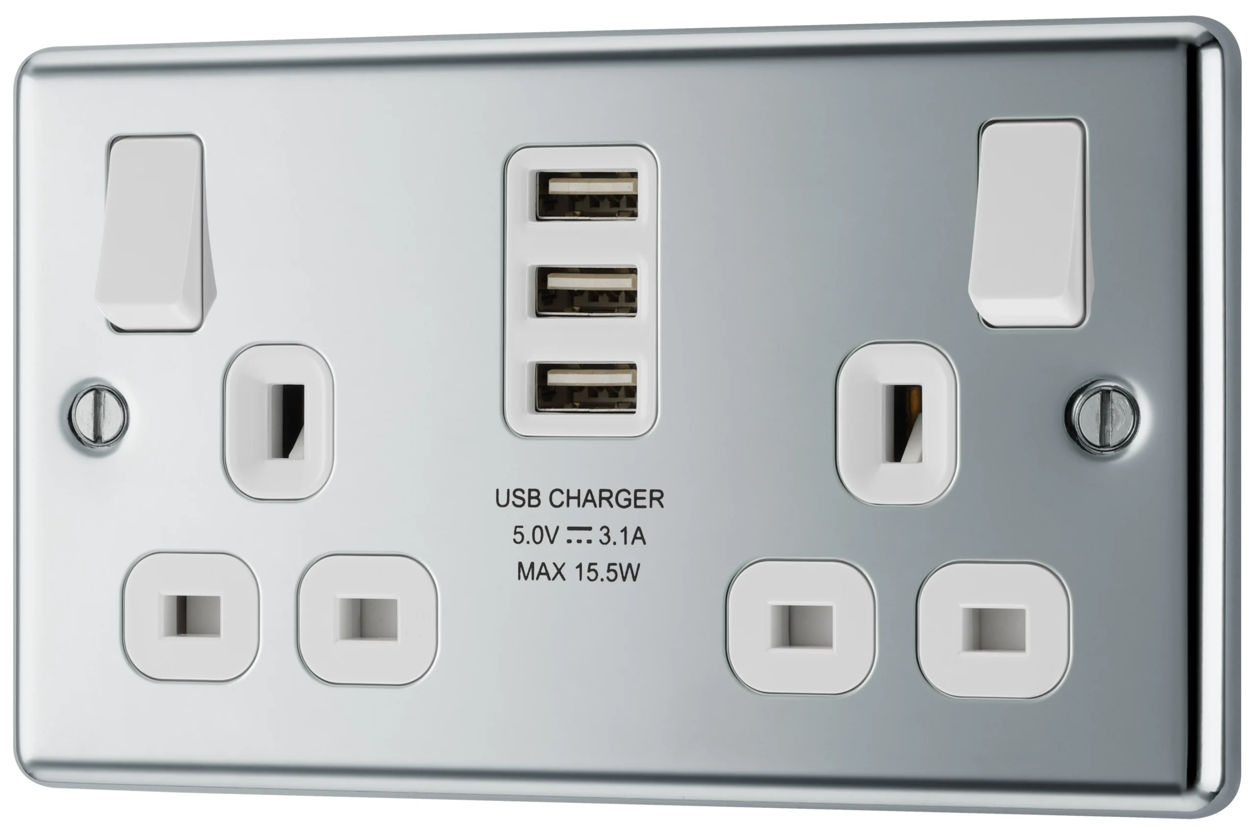 GoodHome Chrome Double 13A Switched Socket With USB X3 & White Inserts 1 GoodHome Chrome Double 13A Switched Socket With USB X3 & White Inserts