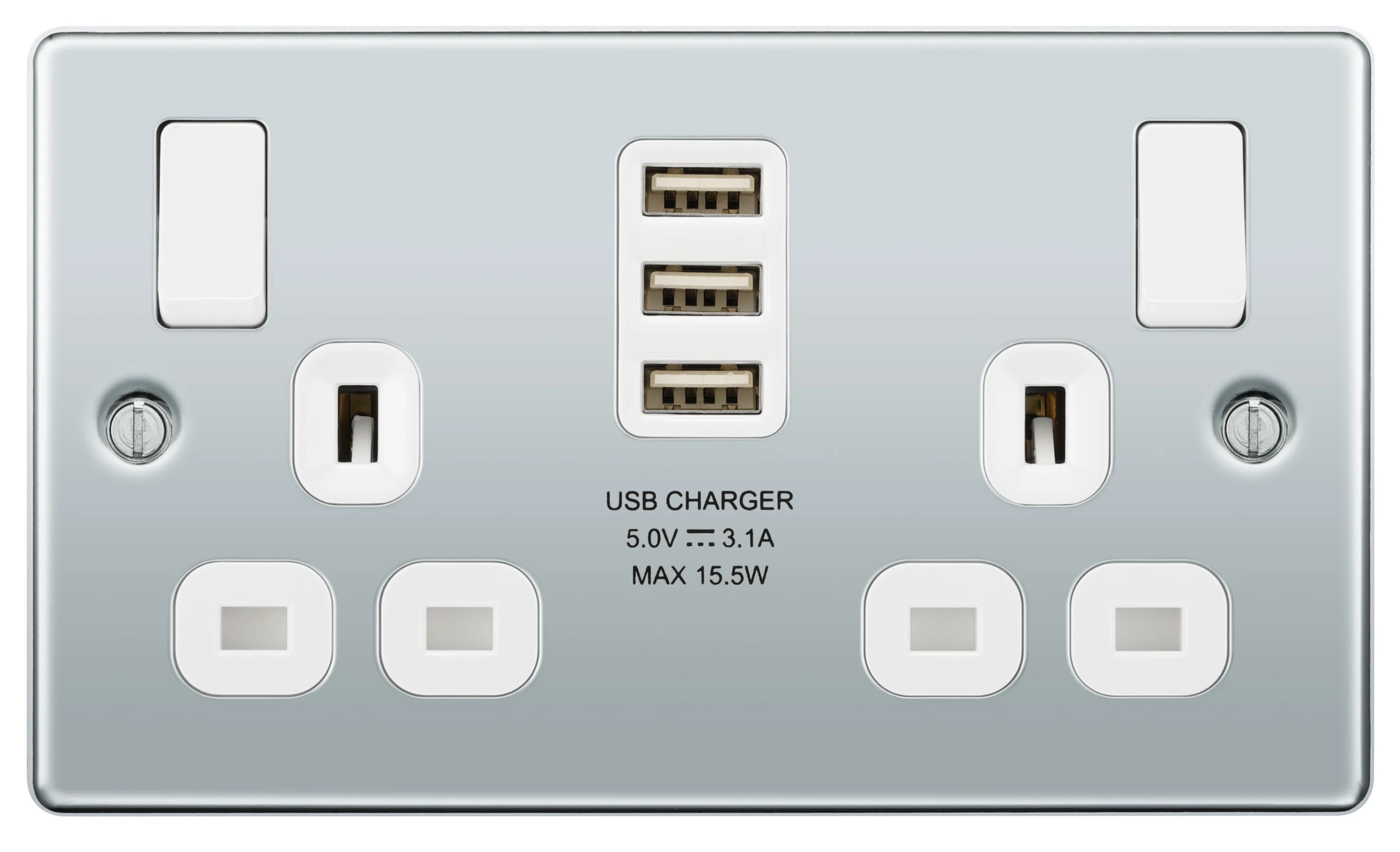 GoodHome Chrome Double 13A Switched Socket With USB X3 & White Inserts 2 GoodHome Chrome Double 13A Switched Socket With USB X3 & White Inserts - Image 2