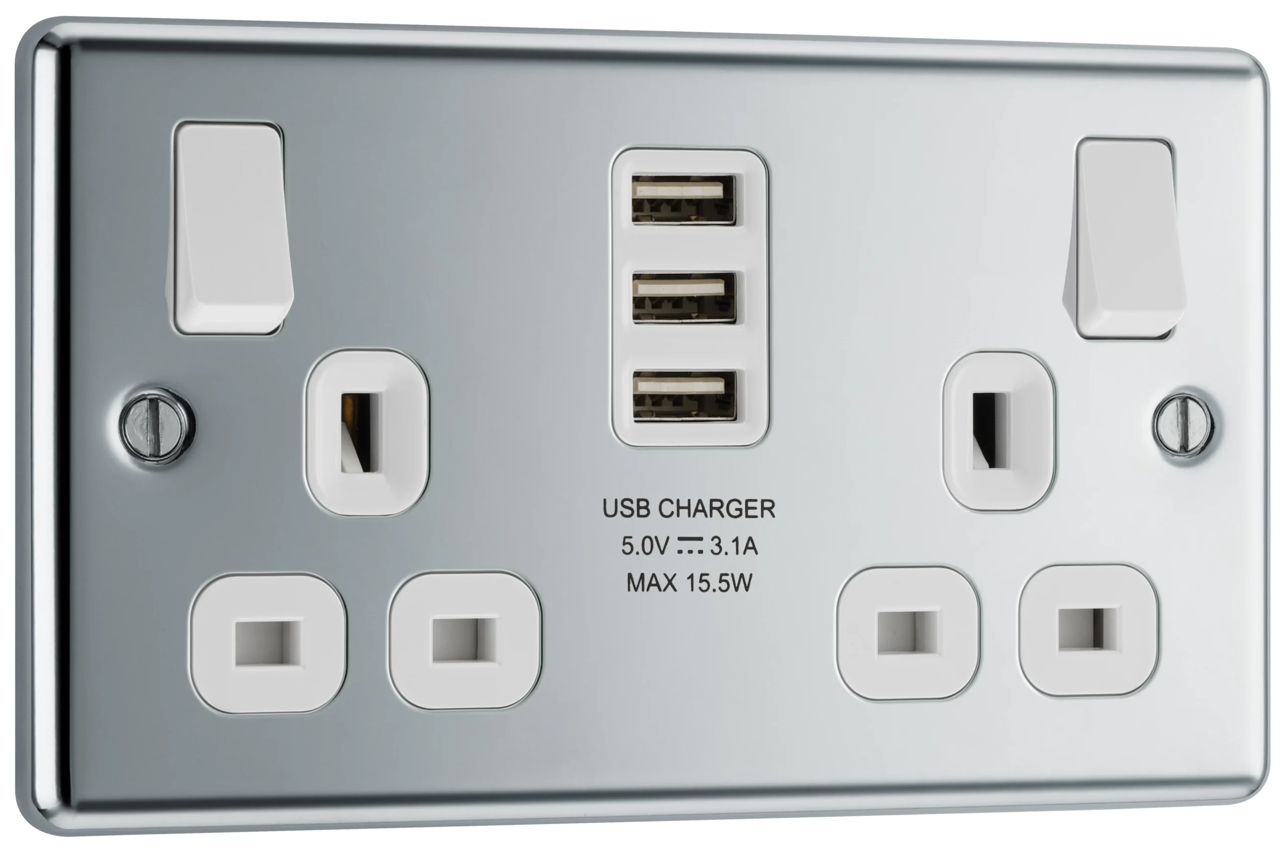 GoodHome Chrome Double 13A Switched Socket With USB X3 & White Inserts 3 GoodHome Chrome Double 13A Switched Socket With USB X3 & White Inserts - Image 3