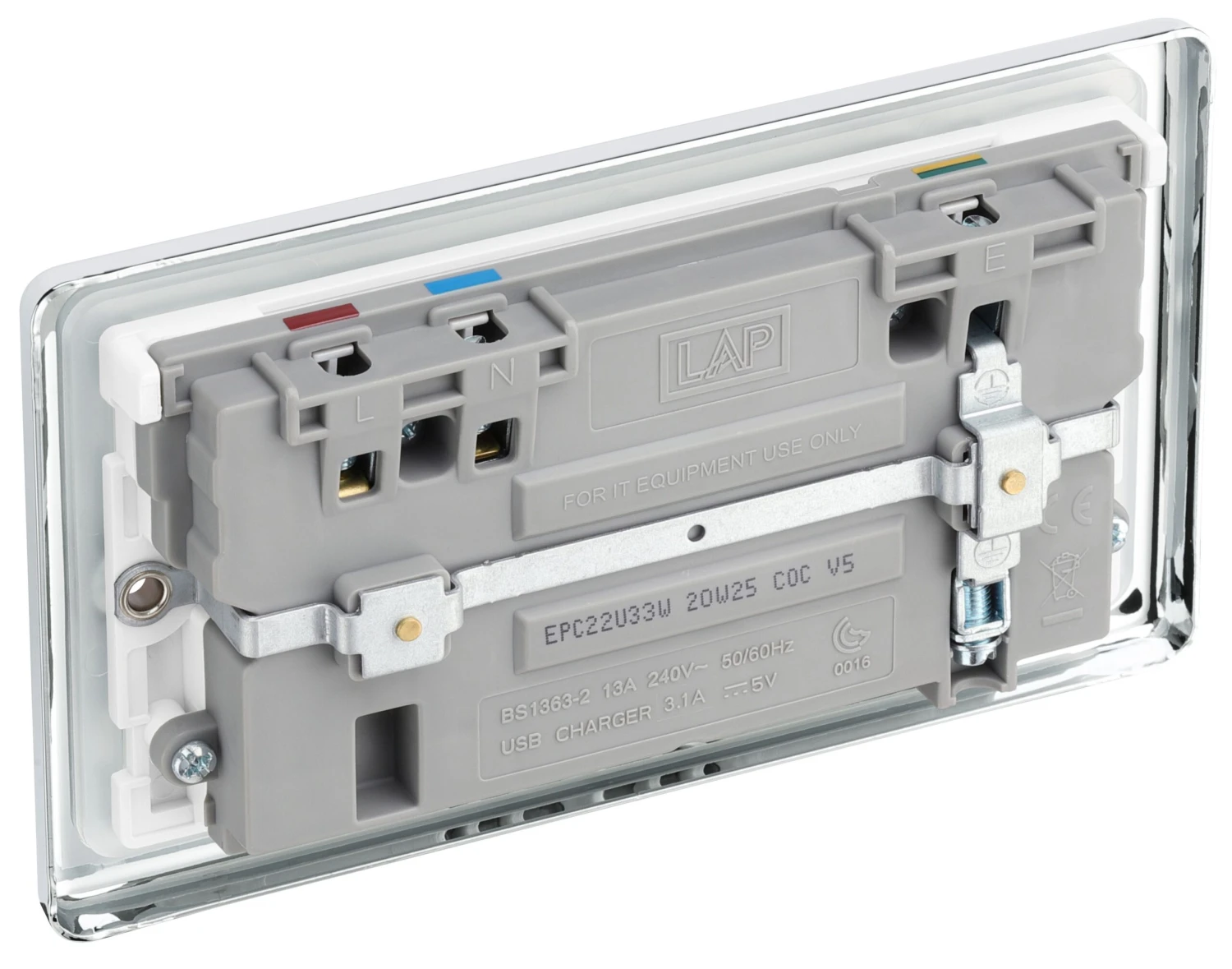 GoodHome Chrome Double 13A Switched Socket With USB X3 & White Inserts 6 GoodHome Chrome Double 13A Switched Socket With USB X3 & White Inserts - Image 6