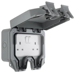 LAP 13A Grey 2 Gang Outdoor Weatherproof Switched Socket -Master Yale Shop lap 13a grey 2 gang outdoor weatherproof switched socket5059340290881 03c scaled