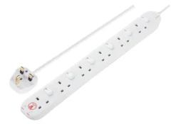 Masterplug 6 Socket 13A Switched Surge Protected White Extension Lead, 2m