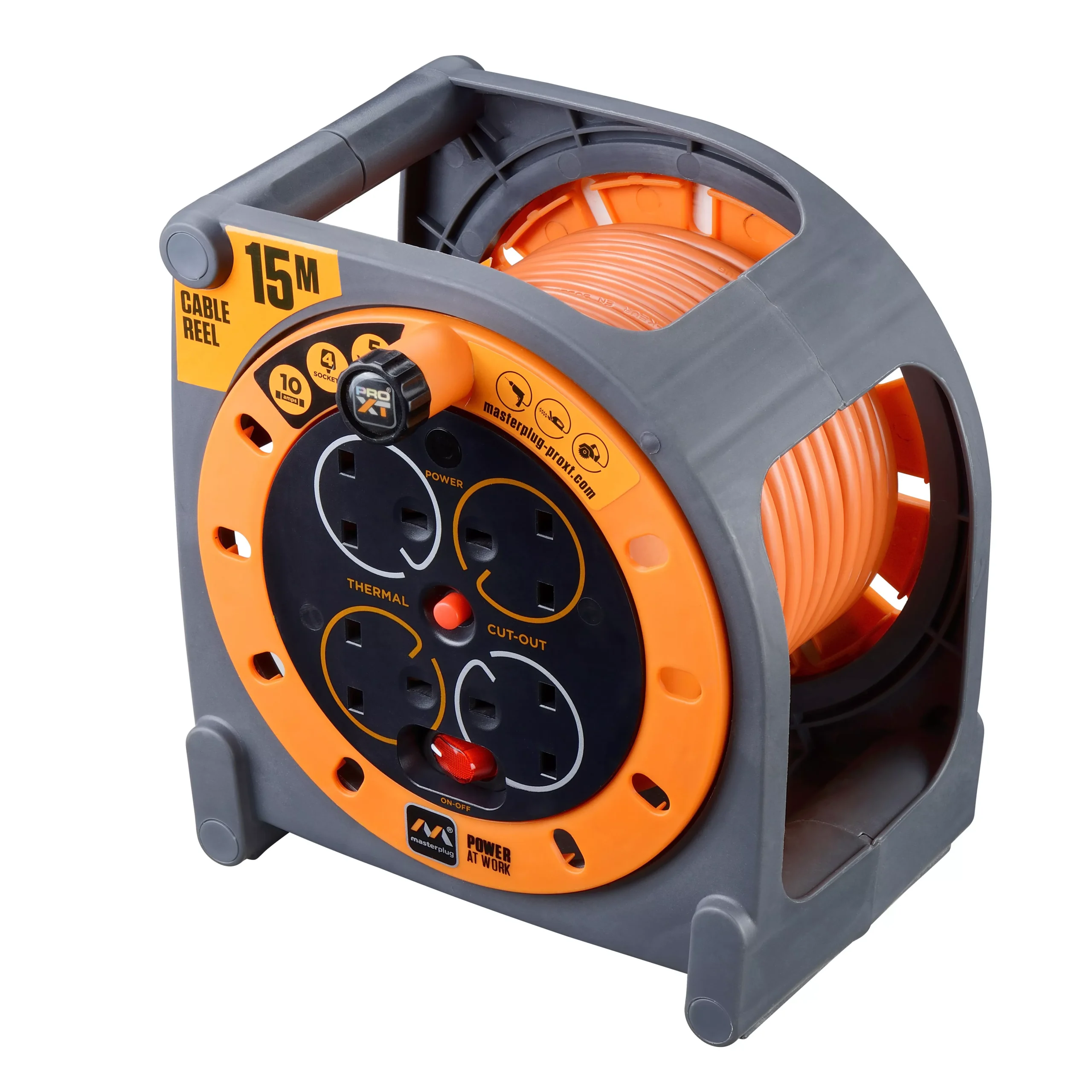 Masterplug Pro XT 4 Socket Orange Indoor Cable Reel, 15m 1 Masterplug Pro XT 4 Socket Orange Indoor Cable Reel, 15m