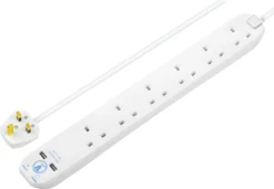 Masterplug Surge White 13A 6 Socket Extension Lead With USB, 1m