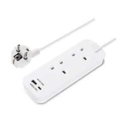 Masterplug White 13A 2 Socket Travel Extension Lead With USB, 0.45m