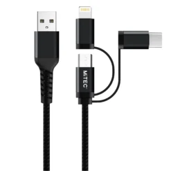 MiTEC USB A - Lightning, Micro-USB & USB C Charging Cable, 1m, Black
