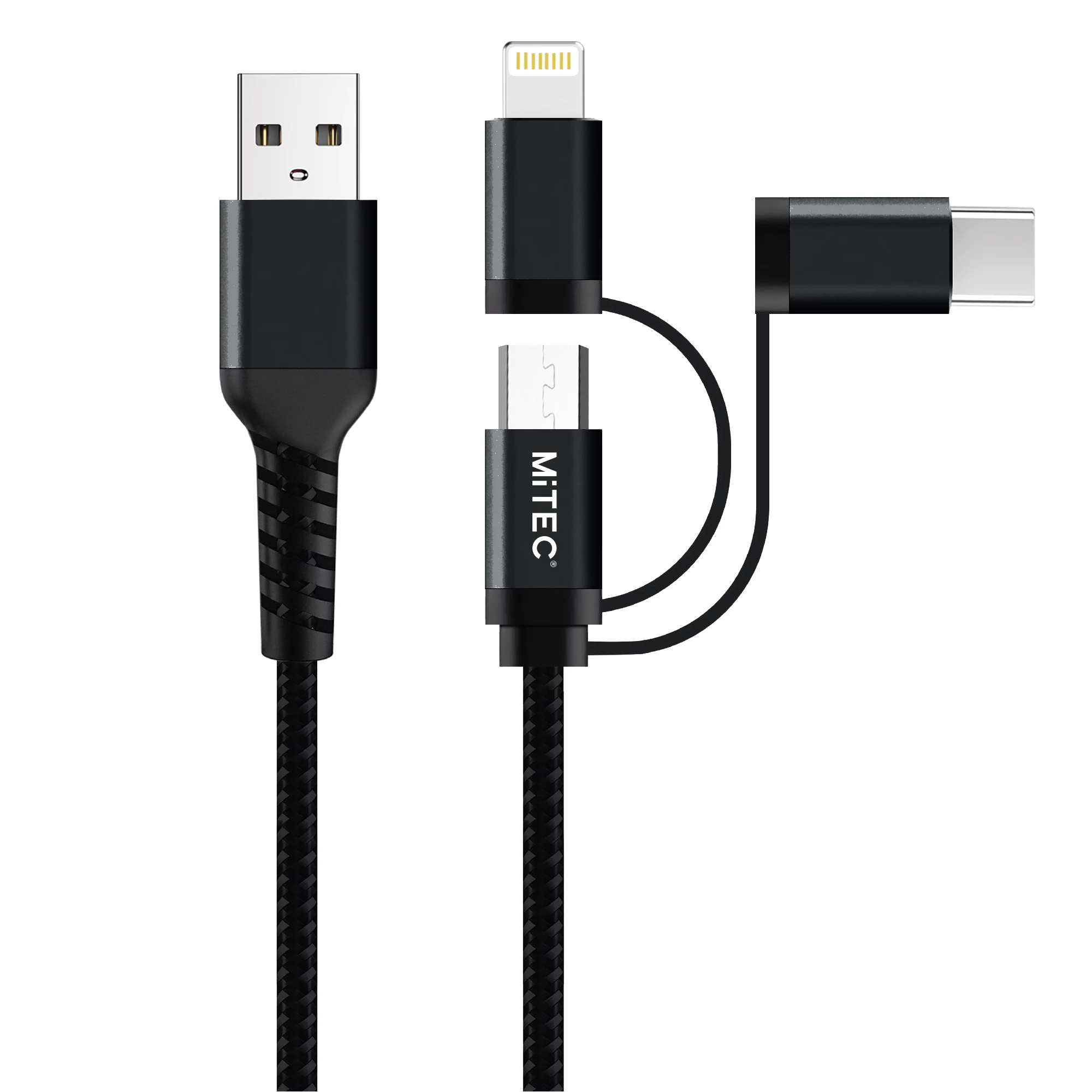MiTEC USB A - Lightning, Micro-USB & USB C Charging Cable, 1m, Black 1 MiTEC USB A - Lightning, Micro-USB & USB C Charging Cable, 1m, Black