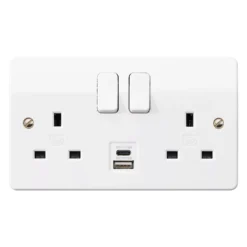 MK White Double 13A Switched Socket With USB X2